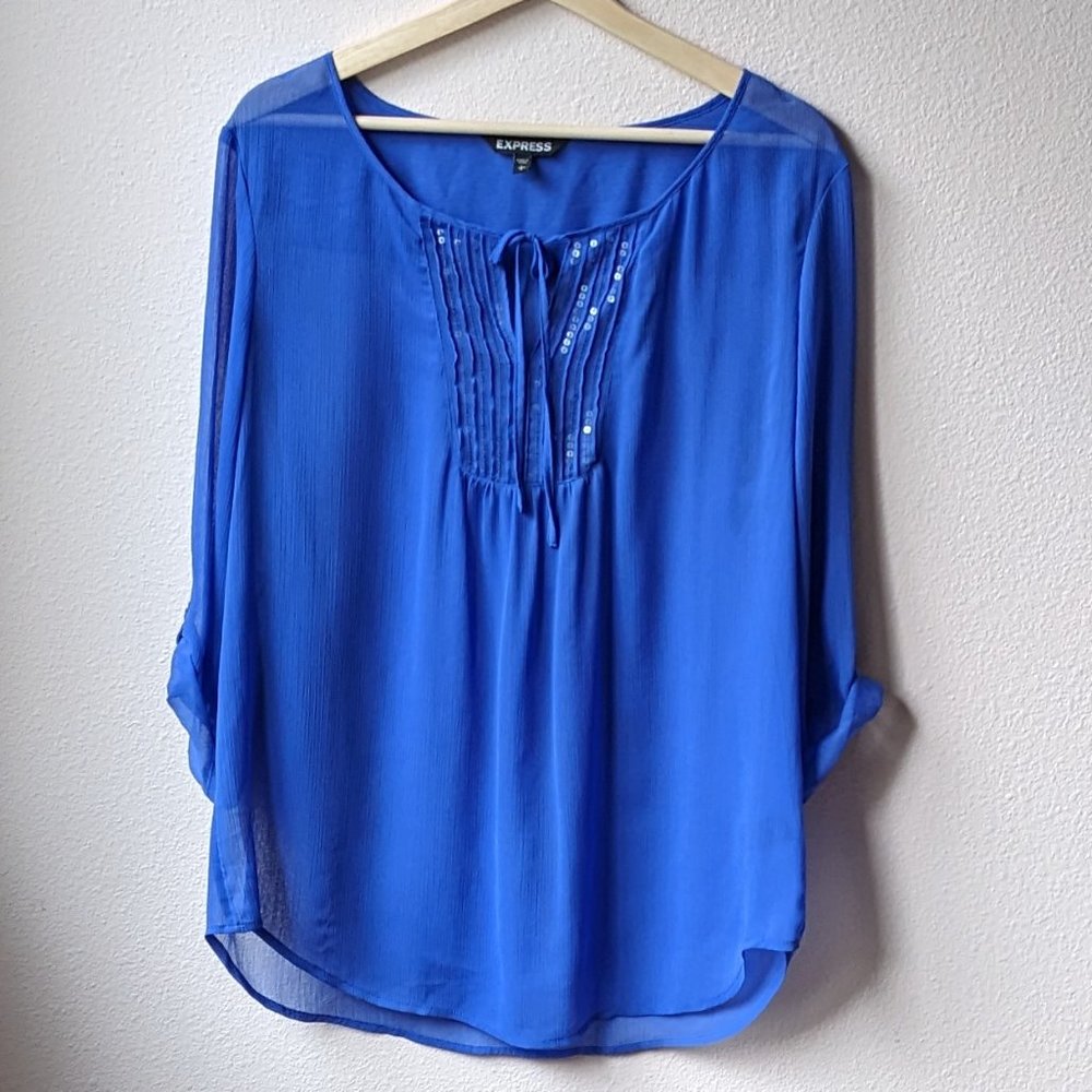 Express - Periwinkle Gauze Tie-Front Blouse with Sequin Detail, Women's Size L